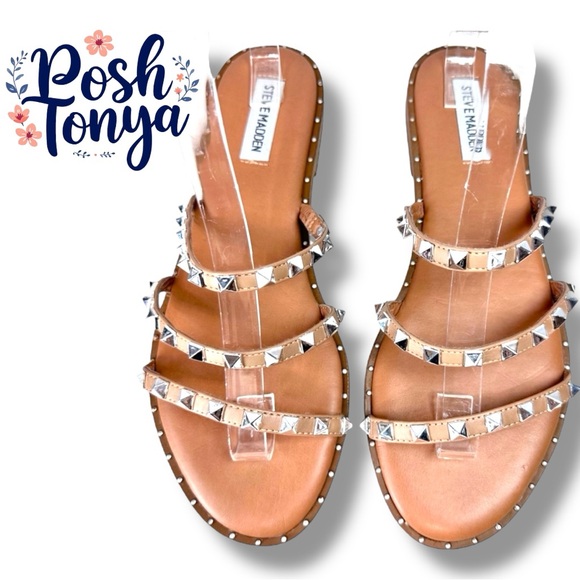 Steve Madden Lodell Nude Studded Strappy Flat Sandals Rockstud Summer Beach, 10 - Picture 1 of 13